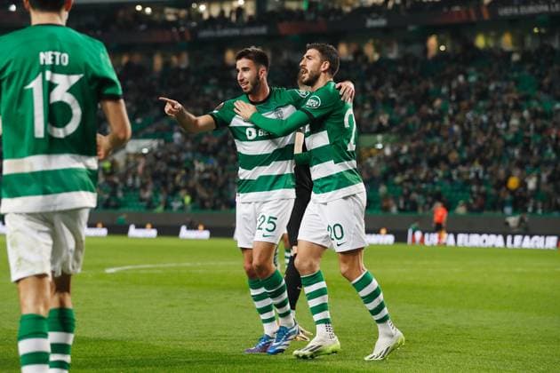 (L-R) Goncalo Inacio, Paulinho (SportingCP), DECEMBER 14, 2023 - Football Soccer : Inacio celebrate after his goal with Paulinho during UEFA Europa League group D matchday6 between Sporting Clube de Portugal 3-0 SK Sturm Graz at the Estadio Jose Alvalade in Lisbon, Portugal. Noxthirdxpartyxsales  (238483511)