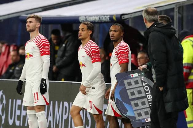 Substitution Timo Werner RB Leipzig,11 , Xavi Simons RB Leipzig,20 , Lois Openda RB Leipzig,17 with coach Marco Rose RB Leipzig Champions League Season 2023 2024 Group G RB Leipzig vs BSC Young Boys Bern at the Red Bull Arena in Leipzig Football,Germany,Man,Men,13 12 2023