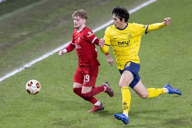 Union Saint-Gilloise defender Koki Machida (28) battles with Liverpool midfielder Harvey Elliott (19) during the Europa League match between Royale Union Saint Gilloise and Liverpool at Lotto Park, Anderlecht, Belgium on 14 December 2023. Noxthirdxpartyxsales  (238451821)