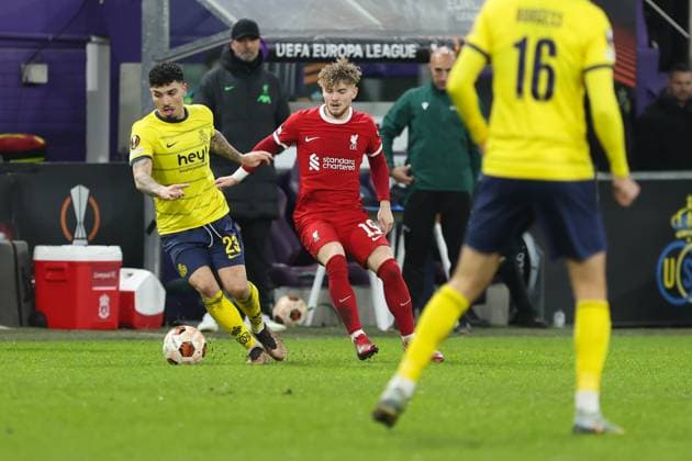 231214 Royale Union Saint-Gilloise vs Liverpool FC Harvey Elliott of Liverpool and Cameron Puertas of Union during a football game between Royale Union Saint-Gilloise and Liverpool FC on day 6 in Group E of the UEFA Europa League season 2023-2024 competition on December 14, 2023 in Brussels, Belgium. (Photo by Frank Abbeloos Isosport) BRUSSELS BELGIUM  Copyright: xx 424915
