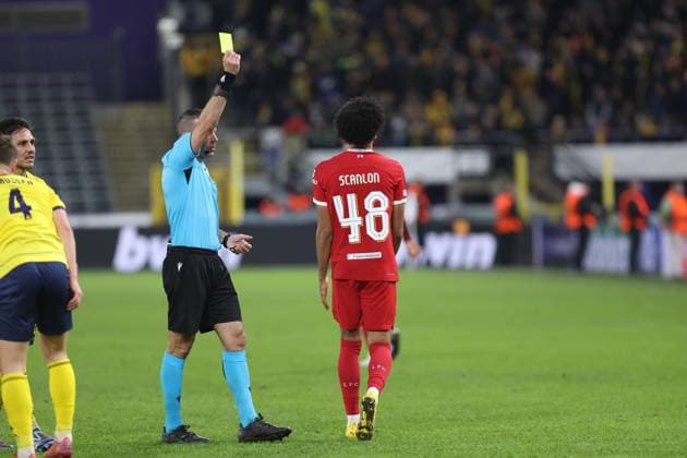 231214 Royale Union Saint-Gilloise vs Liverpool FC Calum Scanlon of Liverpool receives a yellow card from referee Orel Grinfeeld of Israel during a football game between Royale Union Saint-Gilloise and Liverpool FC on day 6 in Group E of the UEFA Europa League season 2023-2024 competition on December 14, 2023 in Brussels, Belgium. (Photo by Frank Abbeloos Isosport) BRUSSELS BELGIUM  Copyright: xx 424962