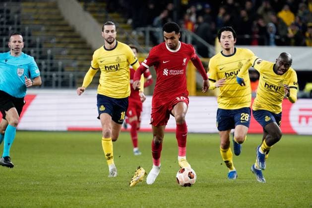Cody Gakpo of Liverpool loses a boot Union Saint-Gilloise v Liverpool, UEFA Europa League, Group E, Football, Lotto Park, Brussels, Belgium - 14 Dec 2023 EDITORIAL USE ONLY No use with unauthorised audio, video, data, fixture lists, club league logos or live services. Online in-match use limited to 120 images, no video emulation. No use in betting, games or single club league player publications. Copyright: xDavexWinter Shutterstockx 14254246gi