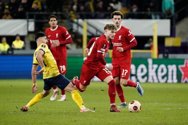 Harvey Elliot of Liverpool beats Mohamed Amoura of Royal Union Saint-Gilloise Union Saint-Gilloise v Liverpool, UEFA Europa League, Group E, Football, Lotto Park, Brussels, Belgium - 14 Dec 2023 EDITORIAL USE ONLY No use with unauthorised audio, video, data, fixture lists, club league logos or live services. Online in-match use limited to 120 images, no video emulation. No use in betting, games or single club league player publications. Copyright: xDavexWinter Shutterstockx 14254246hh