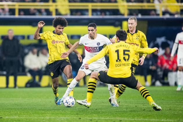 UEFA Champions League Borussia Dortmund FC Paris Saint Germain 13 12 2023 duel Karim Adeyemi Borussia Dortmund, 27 , Achraf Hakimi FC Paris Saint Germain, 2 , Mats Hummels Borussia Dortmund, 15 UEFA Champions League matchday 6 Borussia Dortmund FC Paris Saint Germain, Dortmund, SIGNAL IDUNA PARK on 13 12 2023 DFL REGULATIONS PROHIBIT ANY USE OF PHOTOGRAPHS AS IMAGE SEQUENCES AND OR QUASI VIDEO Copyright: xBEAUTIFULxSPORTS Wunderlx