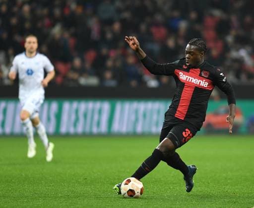 14 12 2023, Leverkusen, Germany, BayARENA, Bayer Leverkusen vs Molde FK UEFA Europa League 2023 2024 Group H, Ken Izekor Bayer 04 Leverkusen in action, on the ball, single action Photo Ralf Treese Leverkusen BayARENA North Rhine Westphalia Germany 521_LEVMOL20231214_039 Treese-521