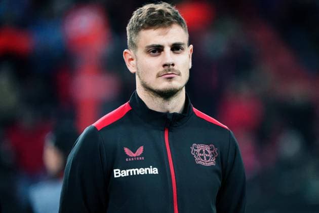 Football, UEFA Europa League 2023 2024, Group stage , Group H, Matchday 6, Bayer 04 Leverkusen Molde FK, 14 12 2023, Bayarena Leverkusen, Josip Stanisic Bayer 04 Leverkusen action, single image