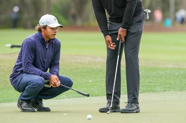 December 15, 2023, Orlando, Florida, USA: Charlie Woods lines up a putt on the 9th green during the 2023 PNC Championship Pro-Am at Ritz-Carlton Golf Club. Orlando USA - ZUMAw109 20231215_fap_w109_001 Copyright: xDebbyxWongx