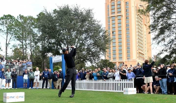 December 15, 2023, Orlando, Florida, United States: Tiger Woods hits a tee shot on the first hole of the Pro-Am at the PNC Championship golf tournament at the Ritz-Carlton Golf Club. Orlando United States - ZUMAs197 20231215_aab_s197_063 Copyright: xPaulxHennessyx