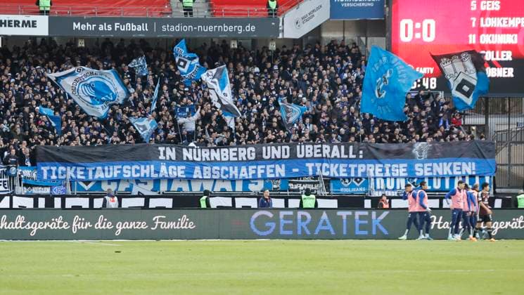 16 12 2023 Soccer season 2023 2024 2 Soccer Bundesliga 17 Matchday 1 FC Nürnberg FCN Club Hamburger SV HSV Sportfoto Zink DaMa xdaxmax DFL regulations prohibit any use of photographs as image sequences and or quasi video only for editorial use banner banner of the spectators audience fans of HSV abolish ticket surcharges