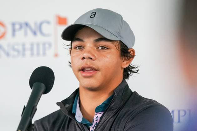 December 16, 2023, Orlando, Florida, USA: Charlie Woods speaks to the media after the 2023 PNC Championship Round 1 at Ritz-Carlton Golf Club. Orlando USA - ZUMAw109 20231216_fap_w109_048 Copyright: xDebbyxWongx