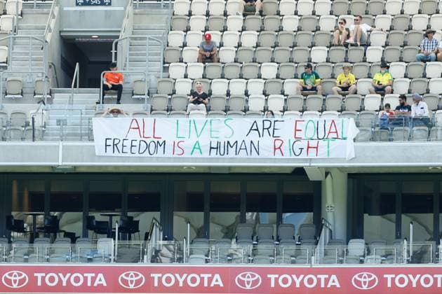 Sport Themen der Woche KW50 17th December 2023, Perth Stadium, Perth, Australia; International Test Cricket, Australia versus Pakistan 1st Test Day 4; A protest sign in the stands on the fourth day  ActionPlus12587250 DavidxWoodley