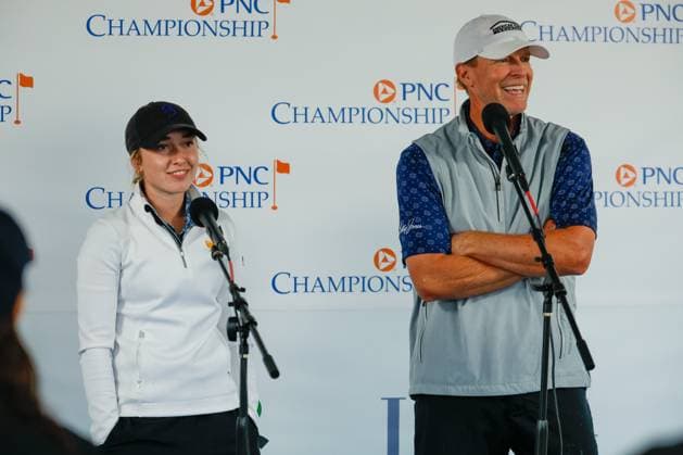 December 16, 2023: Steve Stricker and Izzy Stricker being interviewed after Round One of the PNC Championship golf tournament at the Ritz-Carlton Golf Club in Orlando, Florida. CSM Orlando United States of America - ZUMAc04_ 20231216_zma_c04_131 Copyright: xDarrenxLeex