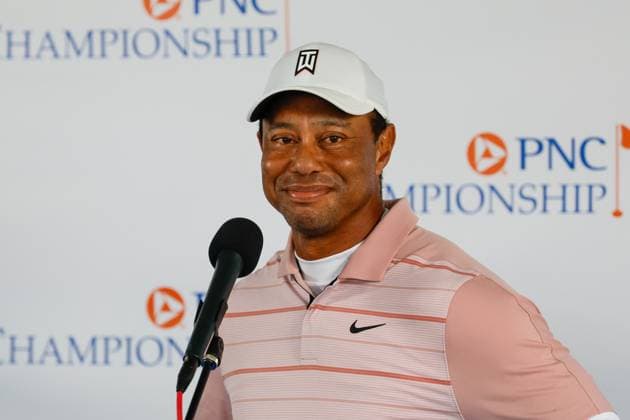 December 16, 2023: Tiger Woods being interviewed after Round One of the PNC Championship golf tournament at the Ritz-Carlton Golf Club in Orlando, Florida. CSM Orlando United States of America - ZUMAc04_ 20231216_zma_c04_142 Copyright: xDarrenxLeex
