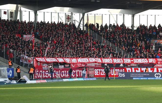 Braunschweig vs Kaiserslautern, 2 BL Braunschweig, 17 12 2023, FOOTBALL Eintracht Braunschweig vs 1 FC Kaiserslautern, 2 BL, Season 2023 24 1 FCK fans protest against DFL Braunschweig