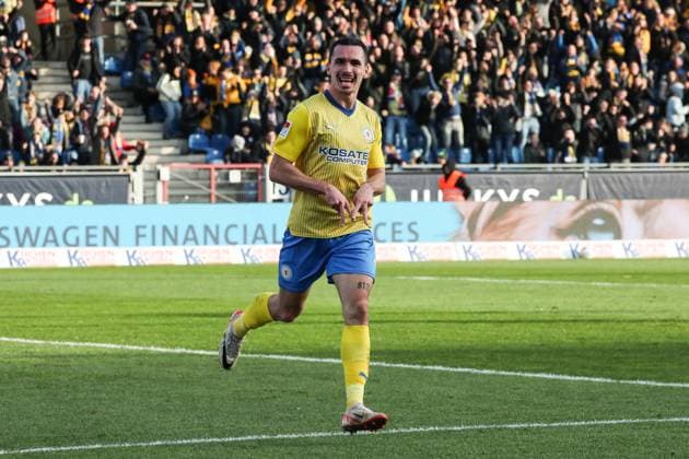 Goalscorer Rayan Philippe Eintracht Braunschweig,9 scores to 1 1 2 Soccer Bundesliga Season 2023 2024 Eintracht Braunschweig vs 1 FC Kaiserslautern at Eintracht Stadion in Braunschweig Action,Soccer,Man,Men,Germany,17 12 2023