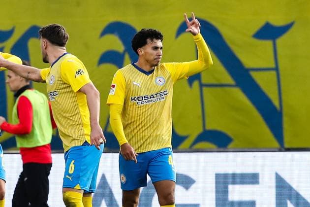 Goalscorer Johan Gomez Eintracht Braunschweig,44 scores for 2 1 2 Soccer Bundesliga season 2023 2024 Eintracht Braunschweig vs 1 FC Kaiserslautern at Eintracht Stadium in Braunschweig action,soccer,man,men,Germany,17 12 2023