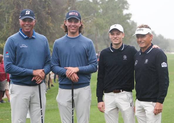 December 17, 2023, Orlando, Florida, USA: (L-R) Matt Kuchar, Cameron Kuchar, Jason Langer and Bernhard Langer pose for photos on the first tee during the final round of the 2023 PNC Championship at Ritz-Carlton Golf Club. Orlando USA - ZUMAw109 20231217_fap_w109_003 Copyright: xDebbyxWongx