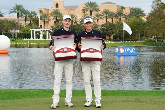 December 17, 2023, Orlando, Florida, USA: Bernhard Langer (R) and son, Jason, hold the Willie Park trophies after winning the final round of the 2023 PNC Championship at Ritz-Carlton Golf Club. Orlando USA - ZUMAw109 20231217_fap_w109_034 Copyright: xDebbyxWongx