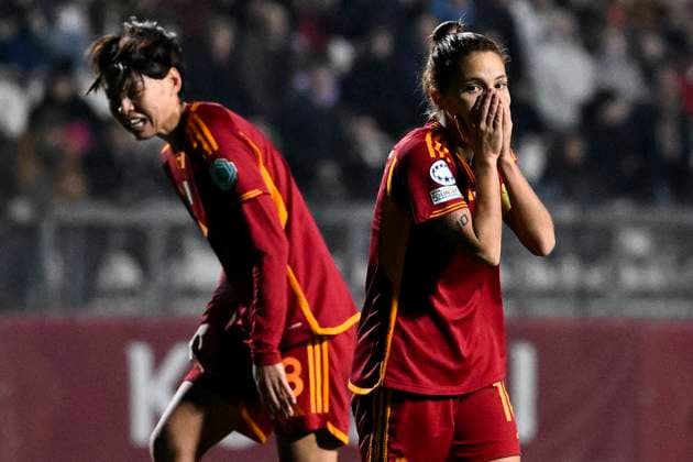 Saki Kumagai and Manuela Giugliano of AS Roma look dejected during the Women Champions League group stage C match between AS Roma and Paris Saint Germain at tre fontane stadium, Rome (Italy), December 20th, 2023. andreaxstaccioli