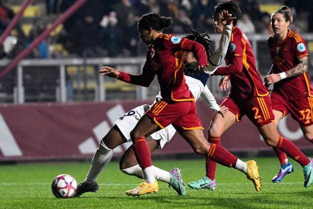 Marie-Antoinette Katoto of Paris Saint Germain scores the goal of 0-2 during the Women Champions League group stage C match between AS Roma and Paris Saint Germain at tre fontane stadium, Rome (Italy), December 20th, 2023. andreaxstaccioli
