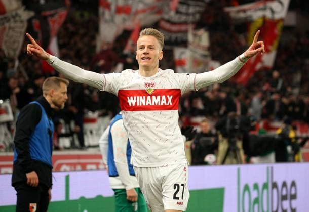 20 12 2023 Stuttgart , Bundesliga, Season 2023 2024, VfB Stuttgart vs FC Augsburg, Scorer Chris Führich VfB celebrates his goal for 3 0 According to the regulations of the DFL German Football League, it is prohibited to exploit or have exploited photographs taken in the stadium and or of the match in the form of sequential images and or video-like photo series