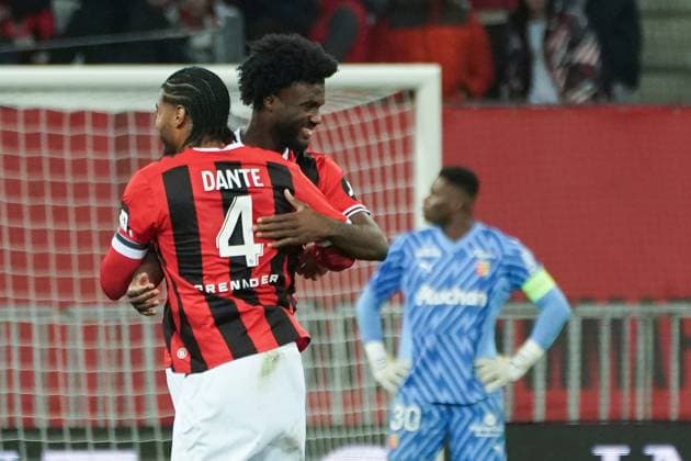 Joie - Terem Moffi (OGC Nice) - Dante (OGC Nice) FOOTBALL : OGC Nice vs RC Lens - Ligue 1 Uber Eats - Nice - 20 12 2023 NorbertScanella Panoramic 