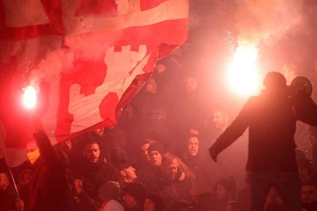 20.12.2023 Belgrade(Serbia) FK Partizan-FK Crvena Zvezda(FC Red Star) Super Liga men s football Crvena Zvezda(Red Star) fans with torches :
