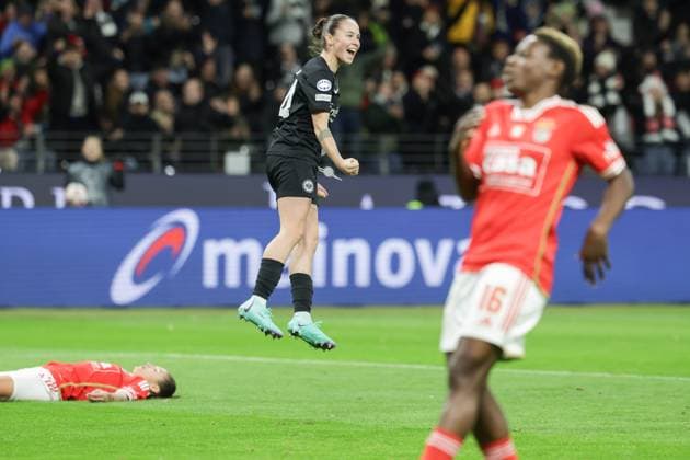 Eintracht Frankfurt Benfica Lisbon, Women s Champions League Geraldine Reuteler Eintracht Frankfurt, 14 cheers after her goal during the 1 0 Uefa Women s Champions League match between Eintracht Frankfurt and Benfica Lisbon on December 21, 2023 at Deutsche Bank Park in Frankfurt am Main , Frankfurt am Main Hessen Germany Deutsche Bank Park