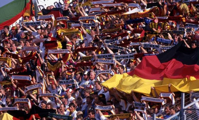 15 06 92 Germany Scotland Sweden, Nörrköping, 15 06 1992, Football, European Championship 1992 in Sweden, Germany Scotland 2 0 Germany Fans Flags Scarves
