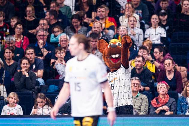 05 11 2023 Day of Handball 2023, mens international match, Germany Egypt Mascot Hannibal for the 2024 European Championships in Germany heats up the crowd in the Munich Olympic Hall Munich Bavaria Germany Olympic Hall