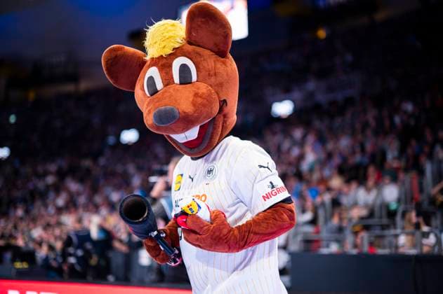 05 11 2023 Day of Handball 2023, mens international match, Germany Egypt Mascot Hannibal for the 2024 European Championships in Germany heats up the crowd in the Munich Olympic Hall Munich Bavaria Germany Olympic Hall