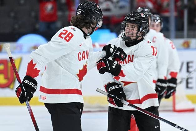 GOTHENBURG, SWEDEN 20231227 Canada s 28 Conor Geekie cheers after scoring 0 1 with team mate Canada s Macklin Celebrini during the IIHF World Junior Championship group A ice hockey match between Latvia and Canada at Scandinavium in Gothenburg, Sweden December 27, 2023 GOTHENBURG SWEDEN x9200x  Copyright: xBjörnxLarssonxRosvall TT TTx IIHF World Junior Championship 23-24 Latvia-Canada