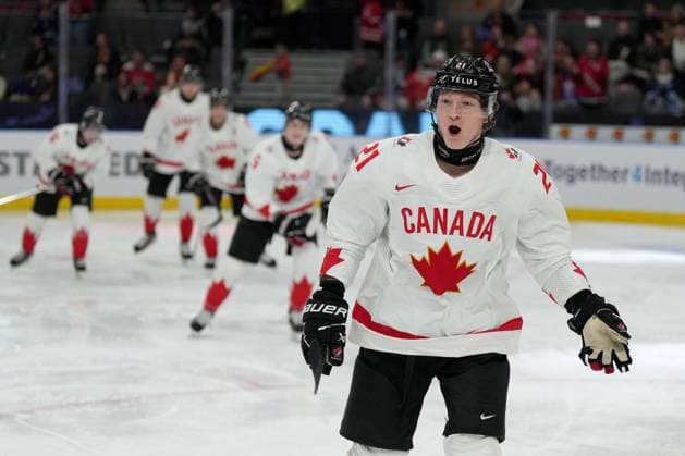 December 27, 2023, GOTHENBURG, SWEDEN: Canada s Owen Allard (21) celebrates his goal against Latvia during second period preliminary round hockey action at the IIHF World Junior Hockey Championship in Gothenburg, Sweden, Wednesday, Dec. 27, 2023. Canada News - December 27, 2023  - ZUMAc35_ 20231227_zaf_c35_018 Copyright: xChristinnexMuschix