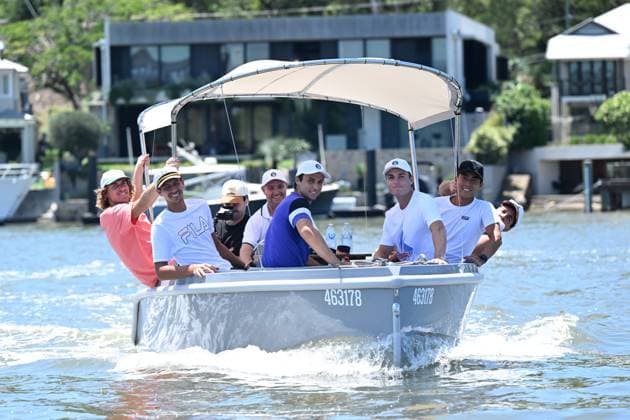 TENNIS AUSTRALIA BRISBANE RIVER, Australian tennis players (left to right) Max Purcell, Alexei Popyrin, Aleksandar Vukic, Christopher O Connell, Thanasi Kokkinakis and Rinky Hijikata are seen during a GoBoat ride on the Brisbane River ahead of the Brisbane International tennis tournament, in Brisbane, Thursday, December 28, 2023. ( NO ARCHIVING, EDITORIAL USE ONLY, NO USE IN BOOKS WITHOUT CONSENT BRISBANE QUEENSLAND AUSTRALIA Copyright: xDARRENxENGLANDx 20231228001882586207
