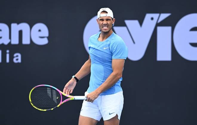 TENNIS BRISBANE INTERNATIONAL PRACTICE, Rafael Nadal of Spain reacts during a practice session ahead of the Brisbane International at the Queensland Tennis Centre in Brisbane, Thursday, December 28, 2023. ( NO ARCHIVING, EDITORIAL USE ONLY, NO USE IN BOOKS WITHOUT CONSENT BRISBANE QLD AUSTRALIA  Copyright: xDARRENxENGLANDx 20231228001882610275