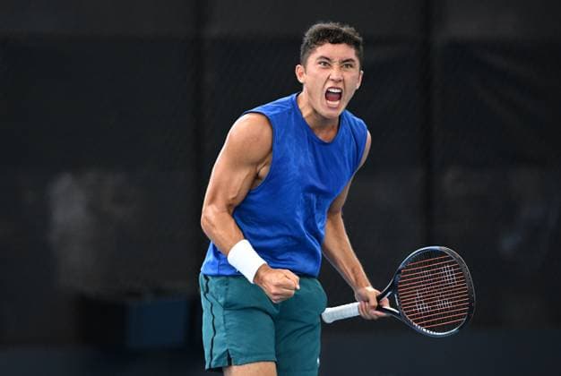 TENNIS BRISBANE INTERNATIONAL PREVIEW, James McCabe of Australia celebrates winning a point against Dominic Thiem of Austria during their qualifying round match at the Brisbane International at the Queensland Tennis Centre in Brisbane, Saturday, December 30, 2023.( NO ARCHIVING, EDITORIAL USE ONLY, NO USE IN BOOKS WITHOUT CONSENT BRISBANE QLD AUSTRALIA  Copyright: xDARRENxENGLANDx 20231230001883218187