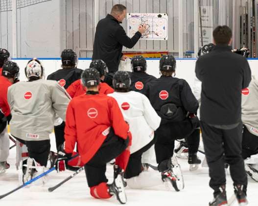 December 30, 2023, GOTHENBURG, SWEDEN: Canada assistant coach Gilles Bouchard goes over plays during a practice session at the IIHF World Junior Hockey Championship in Gothenburg, Sweden on Saturday, Dec. 30, 2023. Canada News - December 30, 2023  - ZUMAc35_ 20231230_zaf_c35_011 Copyright: xChristinnexMuschix