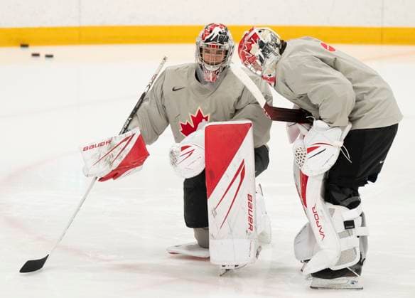 December 30, 2023, GOTHENBURG, SWEDEN: Canada goaltenders Samuel St-Hilaire, left and Scott Ratzlaff talk during a practice session at the IIHF World Junior Hockey Championship in Gothenburg, Sweden on Saturday, Dec. 30, 2023. Canada News - December 30, 2023  - ZUMAc35_ 20231230_zaf_c35_013 Copyright: xChristinnexMuschix