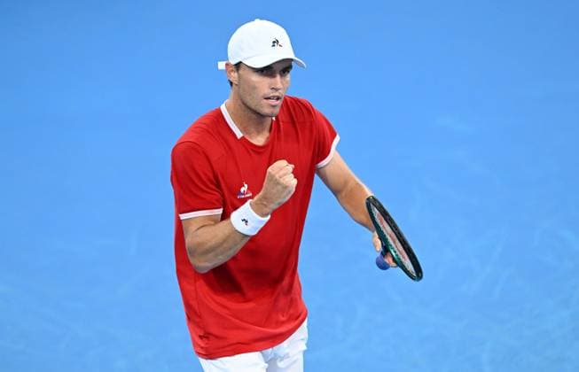 TENNIS BRISBANE INTERNATIONAL, Christopher O?Connell of Australia celebrates winning the 2nd set against Alexei Popyrin of Australia during their round 1 match on Day 1 of the 2024 Brisbane International at the Queensland Tennis Centre in Brisbane, unday, December 31, 2023. ( NO ARCHIVING, EDITORIAL USE ONLY, NO USE IN BOOKS WITHOUT CONSENT BRISBANE QUEENSLAND AUSTRALIA  Copyright: xDARRENxENGLANDx 20231231001883566432
