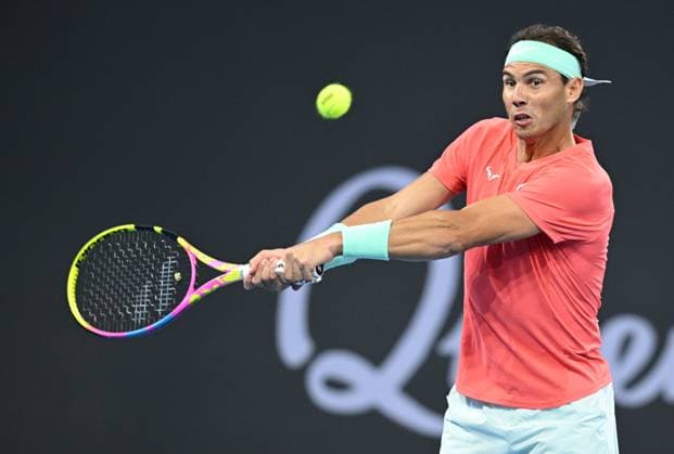 TENNIS BRISBANE INTERNATIONAL, Rafael Nadal of Spain in action during his doubles match with partner Marc Lopez of Spain against Max Purcell and Jordan Thompson of Australia during their round 1 doubles match on Day 1 of the 2024 Brisbane International at the Queensland Tennis Centre in Brisbane, Sunday, December 31, 2023. ( NO ARCHIVING, EDITORIAL USE ONLY, NO USE IN BOOKS WITHOUT CONSENT BRISBANE QUEENSLAND AUSTRALIA  Copyright: xDARRENxENGLANDx 20231231001883583146