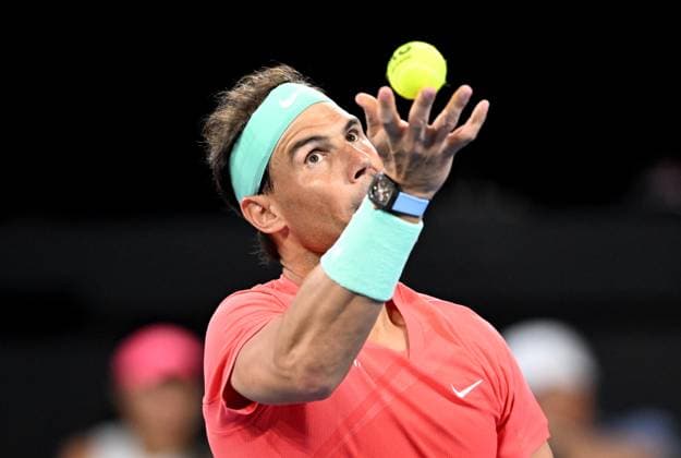 TENNIS BRISBANE INTERNATIONAL, Rafael Nadal of Spain in action during his doubles match with partner Marc Lopez of Spain against Max Purcell and Jordan Thompson of Australia during their round 1 doubles match on Day 1 of the 2024 Brisbane International at the Queensland Tennis Centre in Brisbane, Sunday, December 31, 2023. ( NO ARCHIVING, EDITORIAL USE ONLY, NO USE IN BOOKS WITHOUT CONSENT BRISBANE QUEENSLAND AUSTRALIA  Copyright: xDARRENxENGLANDx 20231231001883584250