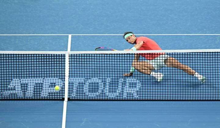 TENNIS BRISBANE INTERNATIONAL, Rafael Nadal of Spain in action during his doubles match with partner Marc Lopez of Spain against Max Purcell and Jordan Thompson of Australia during their round 1 doubles match on Day 1 of the 2024 Brisbane International at the Queensland Tennis Centre in Brisbane, Sunday, December 31, 2023. ( NO ARCHIVING, EDITORIAL USE ONLY, NO USE IN BOOKS WITHOUT CONSENT BRISBANE QUEENSLAND AUSTRALIA  Copyright: xDARRENxENGLANDx 20231231001883589035
