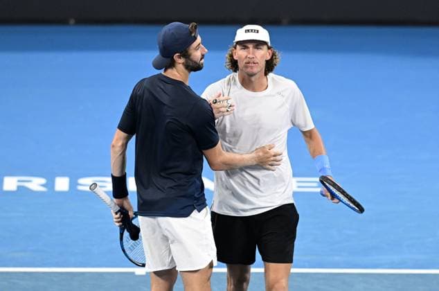 TENNIS BRISBANE INTERNATIONAL, Jordan Thompson (left) and Max Purcell (right) of Australia are seen in action during their doubles match against Rafael Nadal and Marc Lopez (right) of Spain during their round 1 doubles match on Day 1 of the 2024 Brisbane International at the Queensland Tennis Centre in Brisbane, Sunday, December 31, 2023. ( NO ARCHIVING, EDITORIAL USE ONLY, NO USE IN BOOKS WITHOUT CONSENT BRISBANE QUEENSLAND AUSTRALIA  Copyright: xDARRENxENGLANDx 20231231001883590550
