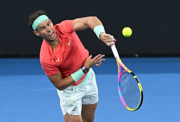 TENNIS BRISBANE INTERNATIONAL, Rafael Nadal of Spain in action during his doubles match with partner Marc Lopez of Spain against Max Purcell and Jordan Thompson of Australia during their round 1 doubles match on Day 1 of the 2024 Brisbane International at the Queensland Tennis Centre in Brisbane, Sunday, December 31, 2023. ( NO ARCHIVING, EDITORIAL USE ONLY, NO USE IN BOOKS WITHOUT CONSENT BRISBANE QUEENSLAND AUSTRALIA  Copyright: xDARRENxENGLANDx 20231231001883595592