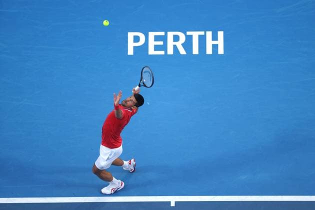 Sport Themen der Woche KW52 Sport Bilder des Tages TENNIS UNITED CUP PERTH, Novak Djokovic of Serbia in action against Zhizen Zhang of China during their group stage match of the 2024 United Cup at RAC Arena in Perth, Sunday, December 31, 2023. ( NO ARCHIVING, EDITORIAL USE ONLY, NO USE IN BOOKS WITHOUT CONSENT PERTH WESTERN AUSTRALIA AUSTRALIA  Copyright: xRICHARDxWAINWRIGHTx 20231231001883603313