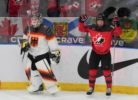 December 31, 2023, GOTHENBURG, SWEDEN: Canada s Macklin Celebrini (17) celebrates his goal on Germany s Matthias Bittner (1) during third period hockey action at the IIHF World Junior Hockey Championship in Gothenburg, Sweden, Sunday, Dec. 31, 2023. Canada News - December 31, 2023  - ZUMAc35_ 20231231_zaf_c35_014 Copyright: xChristinnexMuschix