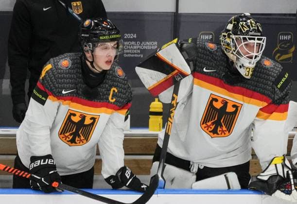 December 31, 2023, GOTHENBURG, SWEDEN: Germany goaltender Matthias Bittner (1) watches from the bench after being pulled for an extra man with teammate Phillip Sinn (4) during third period hockey action against Canada at the IIHF World Junior Hockey Championship in Gothenburg, Sweden, Sunday, Dec. 31, 2023. Canada News - December 31, 2023  - ZUMAc35_ 20231231_zaf_c35_021 Copyright: xChristinnexMuschix