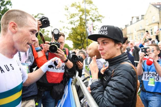 2019 UCI Road World Championships Picture by Simon Wilkinson SWpix.com - 25 09 2019 - Cycling - 2019 UCI Road World Championships - Men s Elite Individual Time Trial - Harrogate, Yorkshire, England - Australia s Rohan Dennis and wife Melissa Copyright: x xSWpix.comx(t axPhotographyxHubxLtd)xSimonxWilkinson SWpix.comx