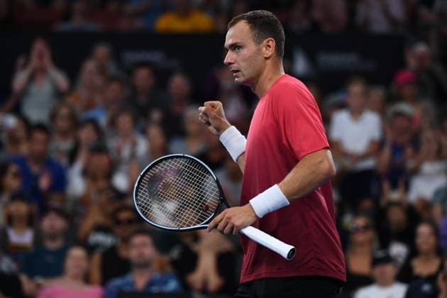 TENNIS BRISBANE INTERNATIONAL, Roman Safiullin reacts after winning his match against Ben Shelton during their round one match on Day 2 of the 2024 Brisbane International at the Queensland Tennis Centre in Brisbane, Monday, January 1, 2024. NO ARCHIVING, EDITORIAL USE ONLY, NO USE IN BOOKS WITHOUT CONSENT BRISBANE QUEENSLAND AUSTRALIA  Copyright: xJONOxSEARLEx 20240101001883873831