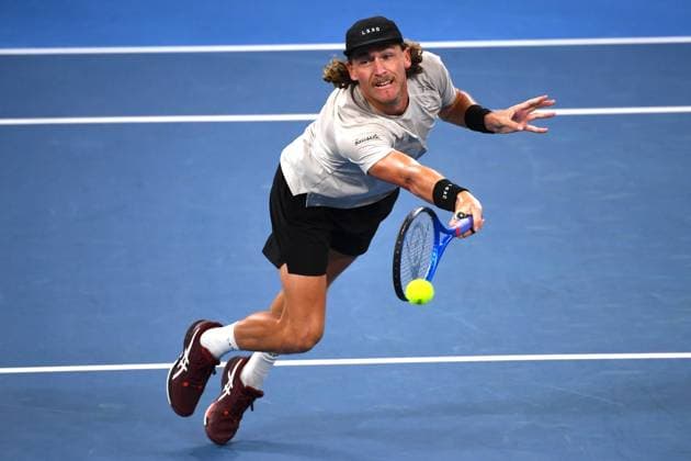 TENNIS BRISBANE INTERNATIONAL, Max Purcell in action against Holger Rune during their round 1 match on Day 2 of the 2024 Brisbane International at the Queensland Tennis Centre in Brisbane, Monday, January 1, 2024. NO ARCHIVING, EDITORIAL USE ONLY, NO USE IN BOOKS WITHOUT CONSENT BRISBANE QUEENSLAND AUSTRALIA  Copyright: xJONOxSEARLEx 20240101001883877374